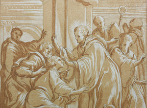 Giovanni Bonatti, after. A holy abbot restoring sight to a blind man. Engraving by Anne Claude de Caylus. 1742.