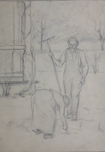 American realism. A man and woman planting tree seedlings. Graphite drawing. Early/Mid XX C.