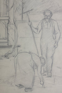 American realism. A man and woman planting tree seedlings. Graphite drawing. Early/Mid XX C.