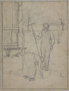 American realism. A man and woman planting tree seedlings. Graphite drawing. Early/Mid XX C.