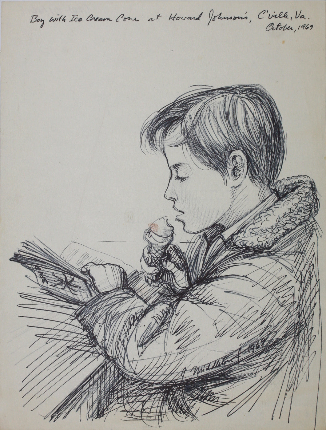 John Middleton Freeman. Portrait of a boy with Ice Cream Cone at Howard Johnson's. Ink drawing. 1969.