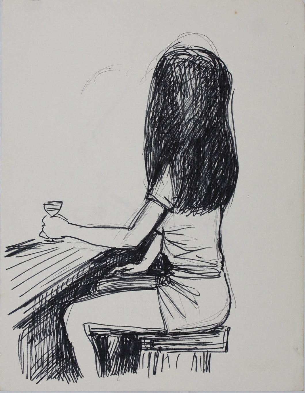 John Middleton Freeman. Portrait of a woman sitting at a bar. Ink drawing. Late XX C.