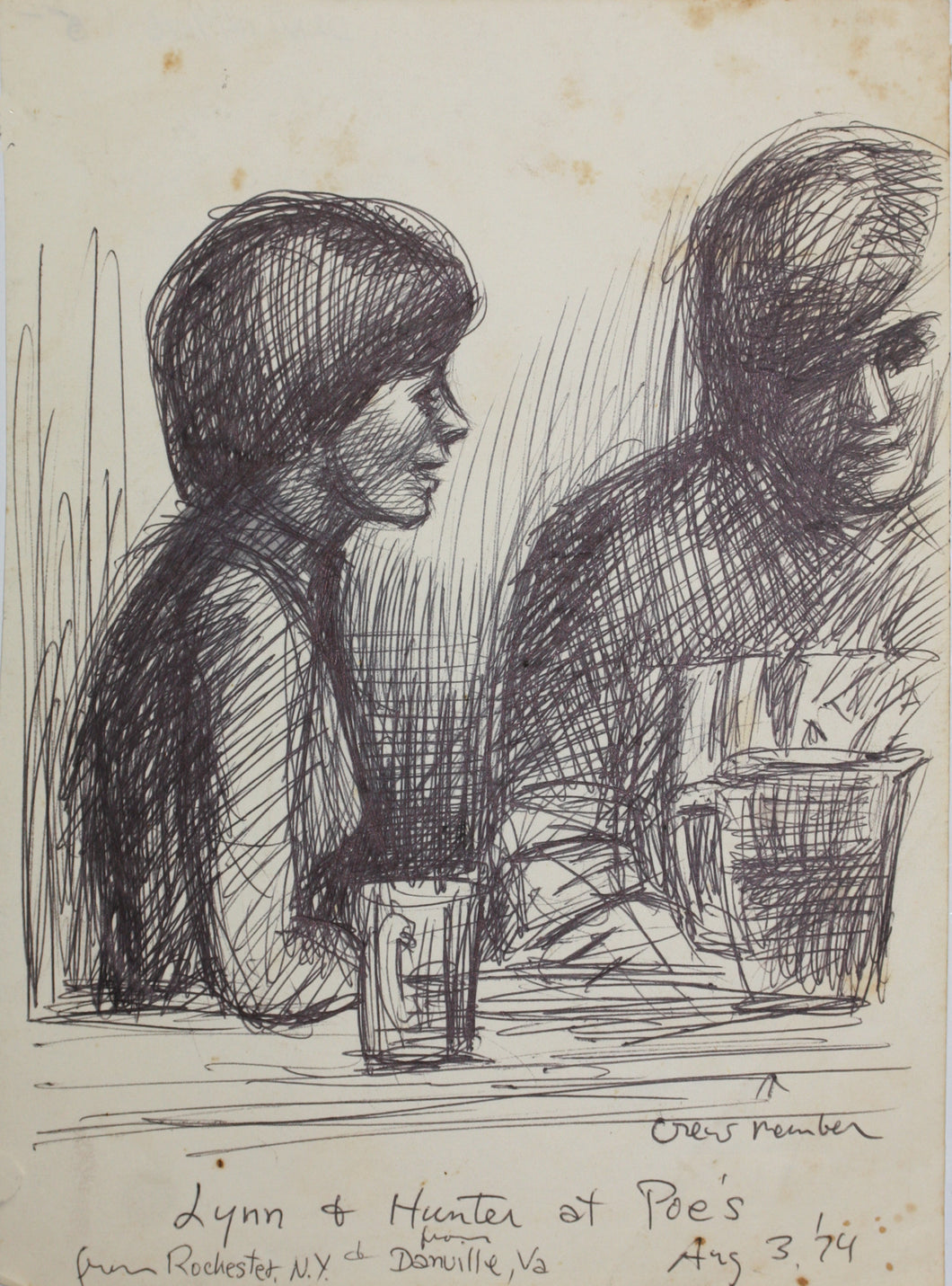 John Middleton Freeman. Portrait of Linn & Hunter. Ink drawing. 1974.