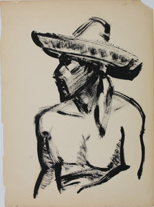 John Middleton Freeman. Portrait of a Man in a Sombrero. Ink drawing. Late XX C.