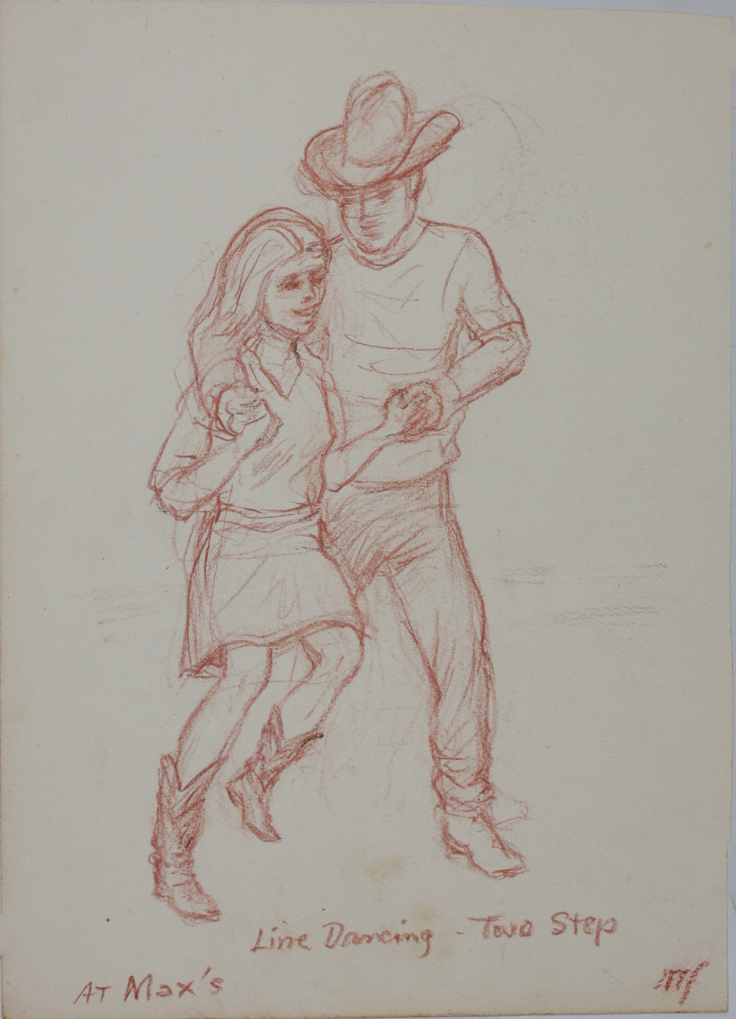 John Middleton Freeman. Line Dancing - Two Step. Dancers from Max's take a break. Two sanguine drawings. 1995.