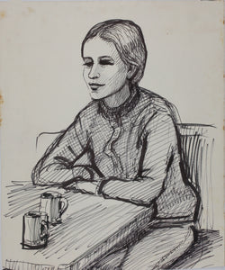 John Middleton Freeman. Portrait of a woman sitting in a bar. Ink drawing. Late XX C.