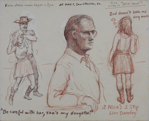 John Middleton Freeman. Sketch of bar patrons at Max's Charlottesville, Va. Sanguine drawing. Late XX C.