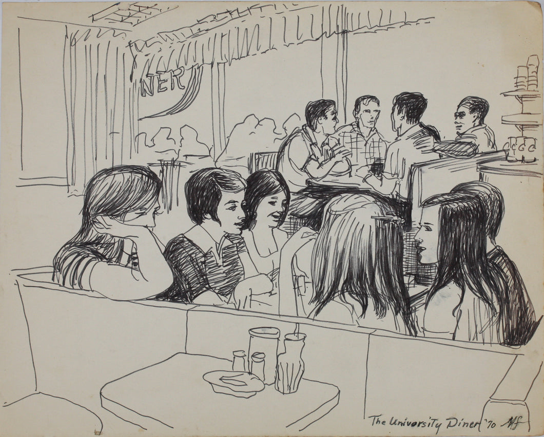 John Middleton Freeman. The University Diner. Ink drawing. 1970.