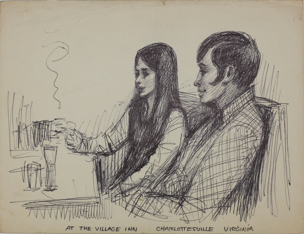 John Middleton Freeman. At the Village Inn Charlottesville Virginia. Ink drawing. Late XX C.