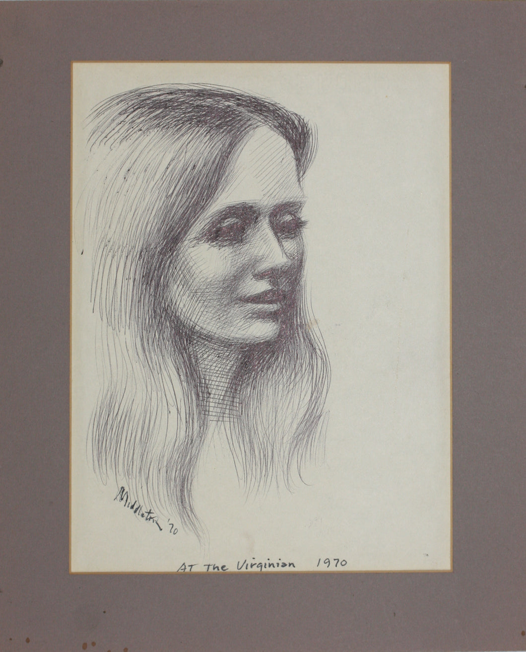 John Middleton Freeman. Female portrait. At the Virginian. Ink drawing. 1970.