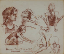 Load image into Gallery viewer, John Middleton Freeman. Sketches of Susan as a gymnast. Brownish Conte crayon drawing. Late XX C.
