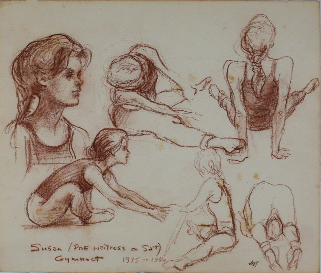 John Middleton Freeman. Sketches of Susan as a gymnast. Brownish Conte crayon drawing. Late XX C.