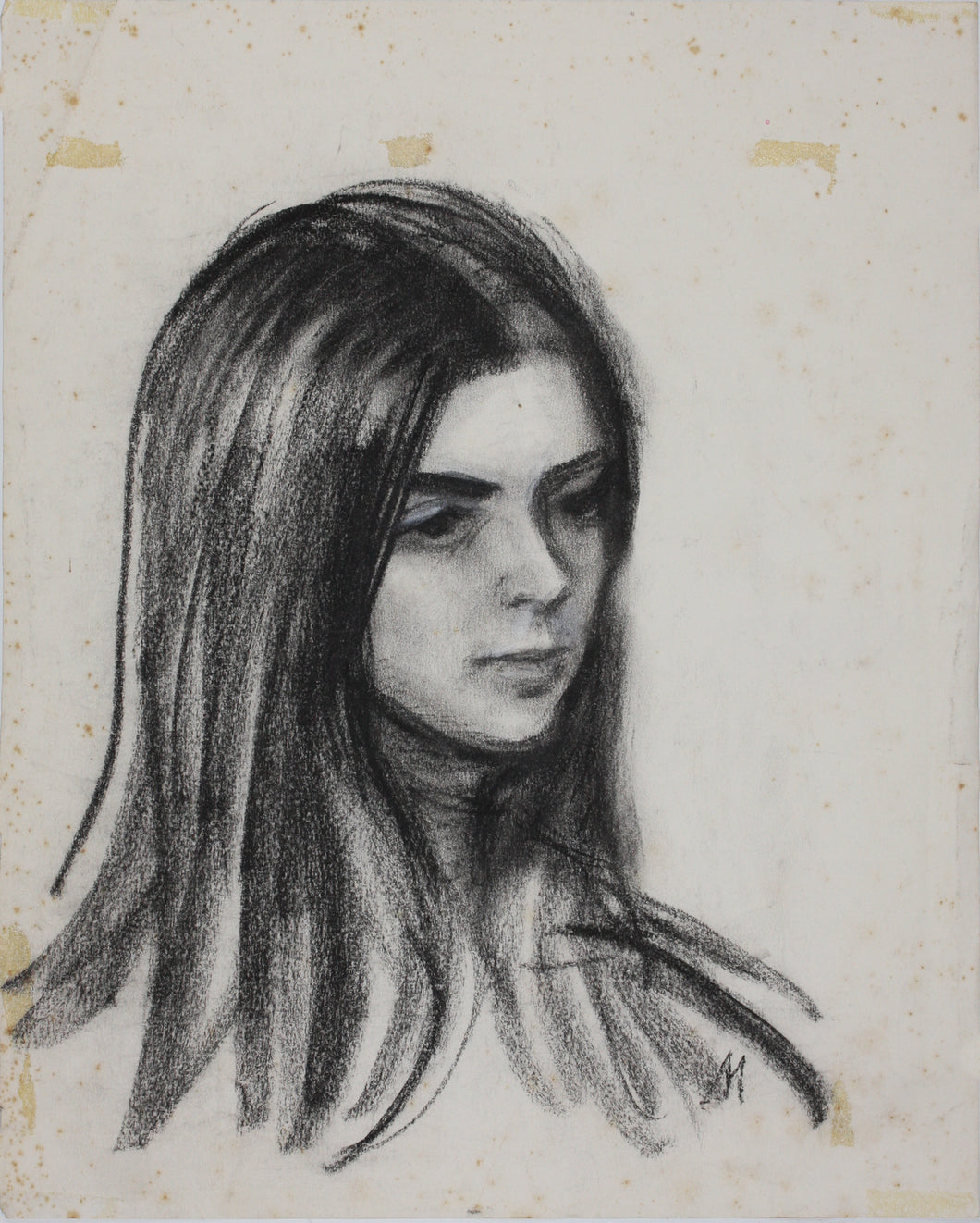 John Middleton Freeman. Female Portrait in Three Quarter View. Black chalk drawing. Late XX C.