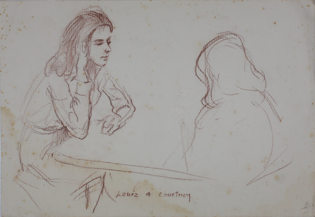 John Middleton Freeman. Portrait of Laura & Courtney. Brownish Conte crayon drawing. Late XX C.