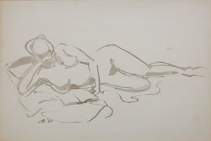 John Middleton Freeman. Reclining female nude reading. Sepia drawing. 1966.