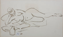 Load image into Gallery viewer, John Middleton Freeman. Reclining female nude reading with a jag. Sepia drawing. 1966.
