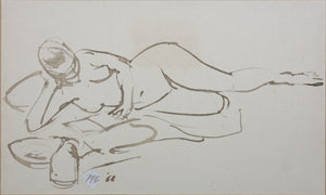 John Middleton Freeman. Reclining female nude reading with a jag. Sepia drawing. 1966.