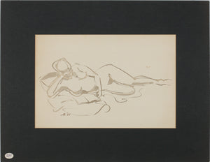 John Middleton Freeman. Reclining female nude reading. Sepia drawing. 1966.