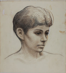 John Middleton Freeman. Female head in three quarters view. Ink and Brown Conte crayon drawing. Late XX C.