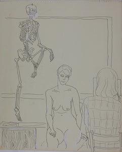 John Middleton Freeman. An artist and his model. Dancing Skeleton. Two Ink/pen outline drawing on one sheet. Late XX C.