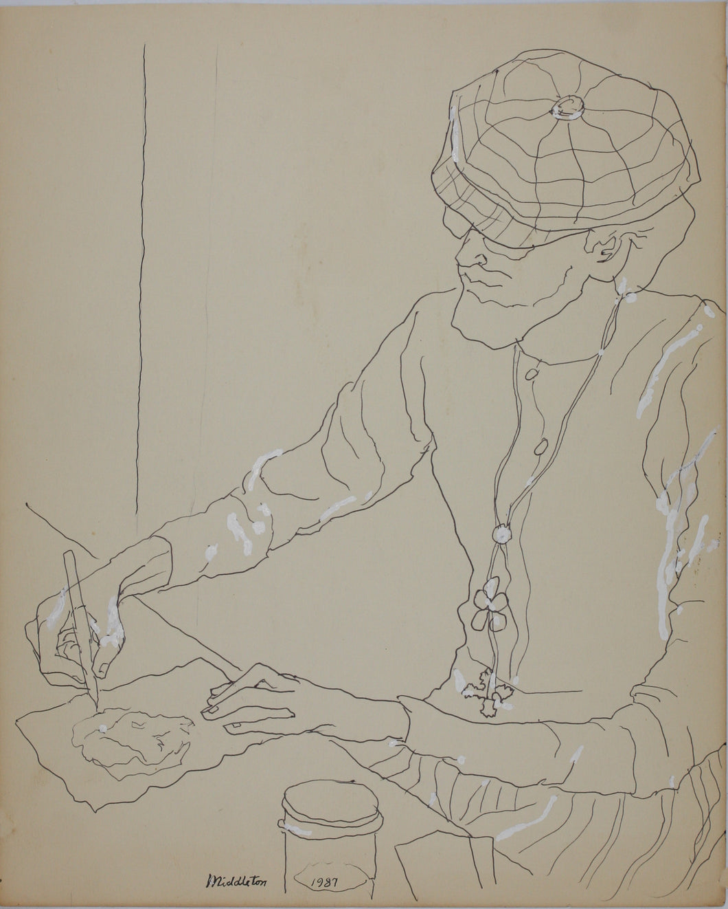 John Middleton Freeman. Portrait of an artist at work. Ink/pen outline drawing. 1987.