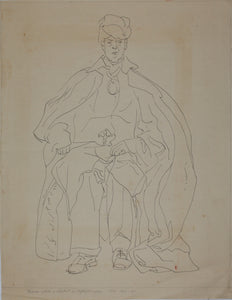 John Middleton Freeman. Sketch of a seating gentleman in period attire. Ink/pen outline drawing. 1953.