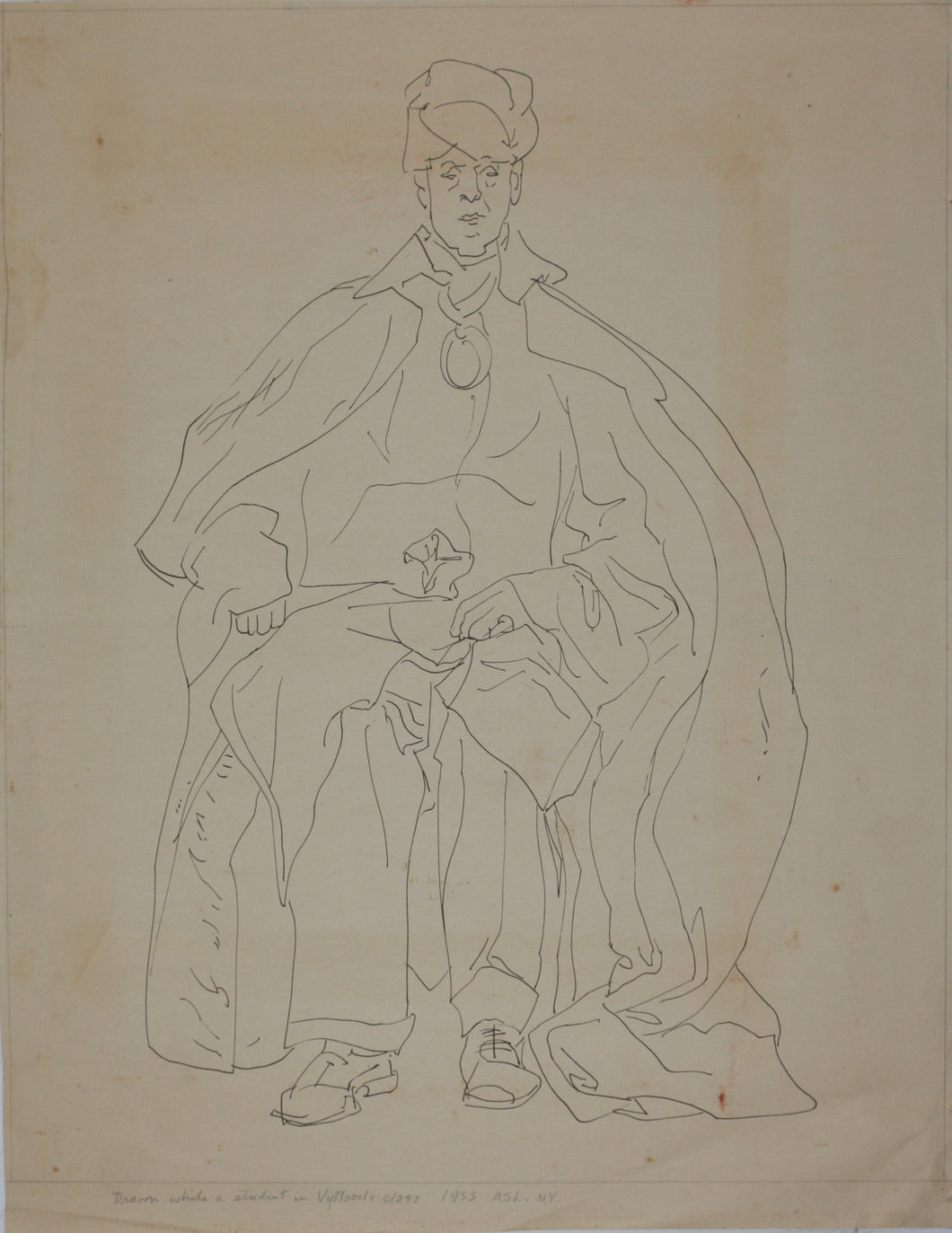 John Middleton Freeman. Sketch of a seating gentleman in period attire. Ink/pen outline drawing. 1953.