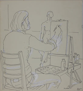 John Middleton Freeman. An artist and his model. Ink/pen outline drawing 1987.