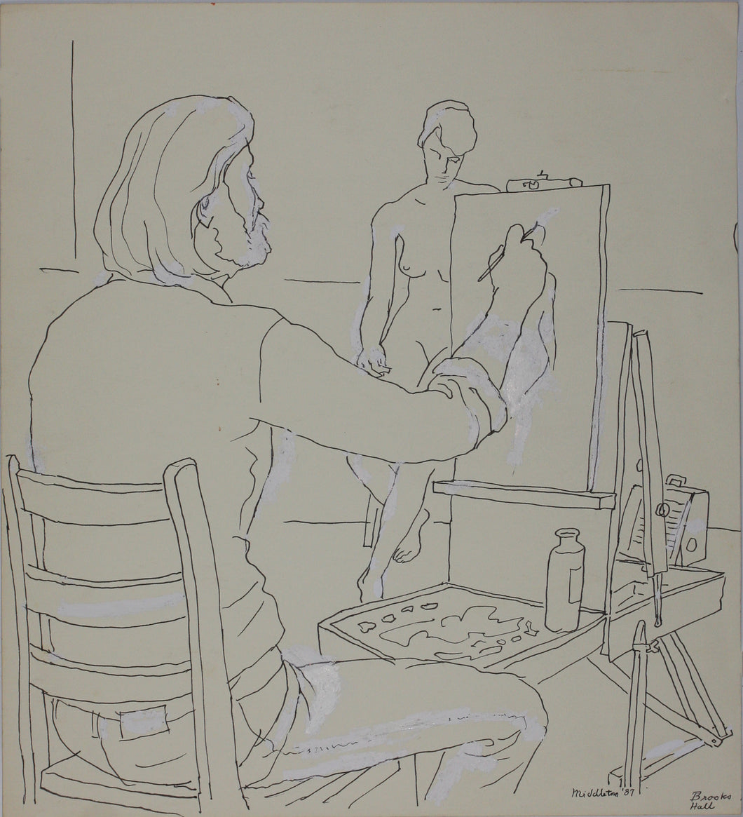 John Middleton Freeman. An artist and his model. Ink/pen outline drawing 1987.