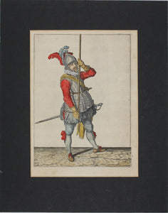 Jacques de Gheyn II. Landsknecht demonstrating the first movement for lowering the pike to the ground. Colored engraving. 1607.