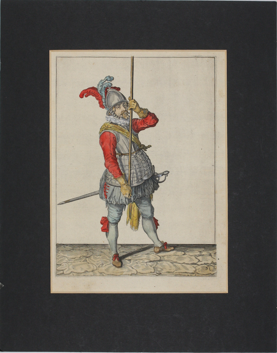 Jacques de Gheyn II. Landsknecht demonstrating the first movement for lowering the pike to the ground. Colored engraving. 1607.