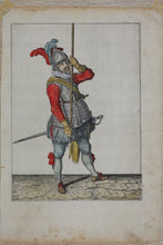 Load image into Gallery viewer, Jacques de Gheyn II. Landsknecht demonstrating the first movement for lowering the pike to the ground. Colored engraving. 1607.
