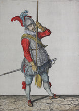 Load image into Gallery viewer, Jacques de Gheyn II. Landsknecht demonstrating the first movement for lowering the pike to the ground. Colored engraving. 1607.
