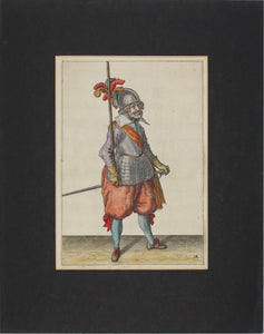 Jacques de Gheyn II. Landsknecht lifting the pike. Colored engraving. 1607.