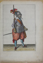 Load image into Gallery viewer, Jacques de Gheyn II. Landsknecht lifting the pike. Colored engraving. 1607.
