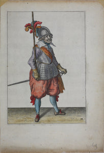 Jacques de Gheyn II. Landsknecht lifting the pike. Colored engraving. 1607.