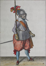 Load image into Gallery viewer, Jacques de Gheyn II. Landsknecht lifting the pike. Colored engraving. 1607.
