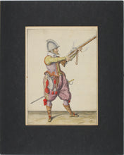 Load image into Gallery viewer, Jacques de Gheyn II. Marksman raising his caliver. Colored engraving. 1607.
