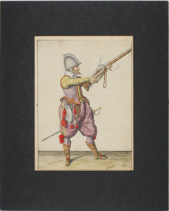 Jacques de Gheyn II. Marksman raising his caliver. Colored engraving. 1607.