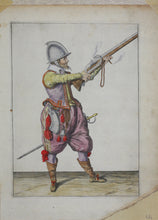 Load image into Gallery viewer, Jacques de Gheyn II. Marksman raising his caliver. Colored engraving. 1607.
