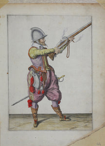 Jacques de Gheyn II. Marksman raising his caliver. Colored engraving. 1607.