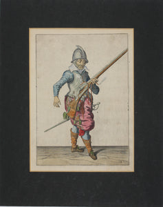 Jacques de Gheyn II. Marksman having fired, holding his caliver upright. Colored engraving. 1607.