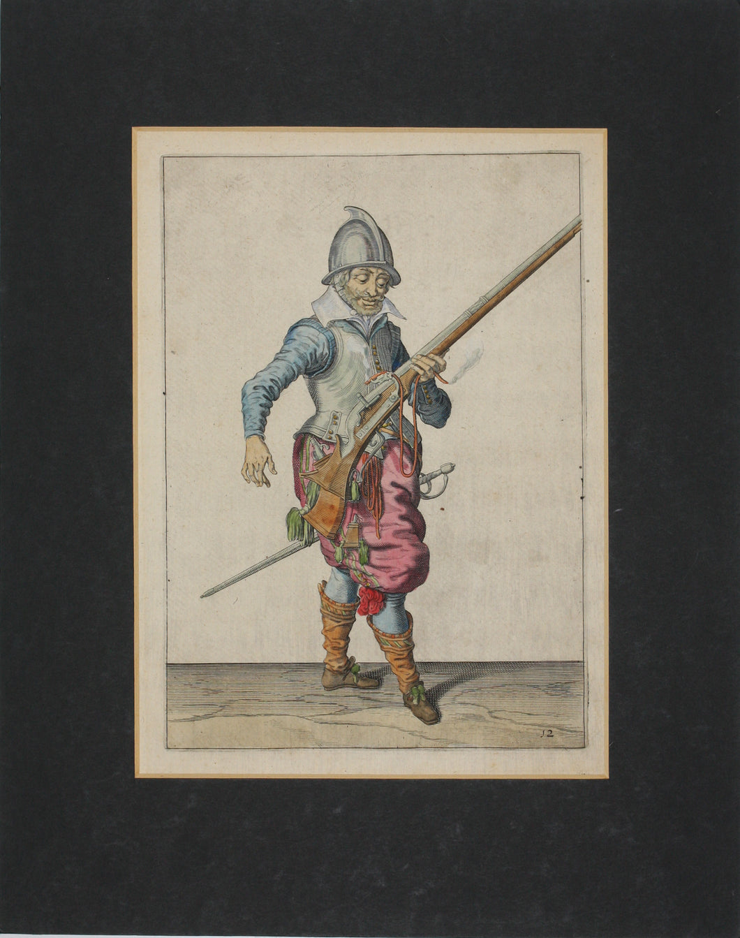 Jacques de Gheyn II. Marksman having fired, holding his caliver upright. Colored engraving. 1607.