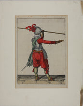 Load image into Gallery viewer, Jacques de Gheyn II. Landsknecht lifting the pike in his left hand. Colored engraving. 1607.
