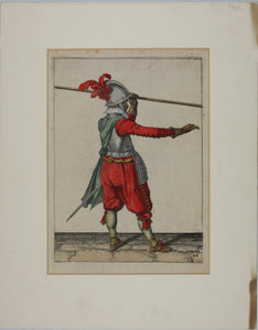 Jacques de Gheyn II. Landsknecht lifting the pike in his left hand. Colored engraving. 1607.