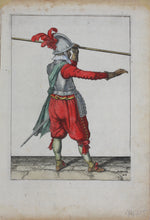 Load image into Gallery viewer, Jacques de Gheyn II. Landsknecht lifting the pike in his left hand. Colored engraving. 1607.
