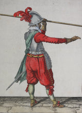 Load image into Gallery viewer, Jacques de Gheyn II. Landsknecht lifting the pike in his left hand. Colored engraving. 1607.
