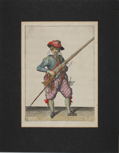 Jacques de Gheyn II. Musketeer raising both musket and fork in his left hand. Colored engraving. 1607.