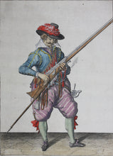 Load image into Gallery viewer, Jacques de Gheyn II. Musketeer raising both musket and fork in his left hand. Colored engraving. 1607.
