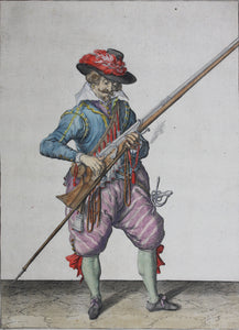 Jacques de Gheyn II. Musketeer raising both musket and fork in his left hand. Colored engraving. 1607.